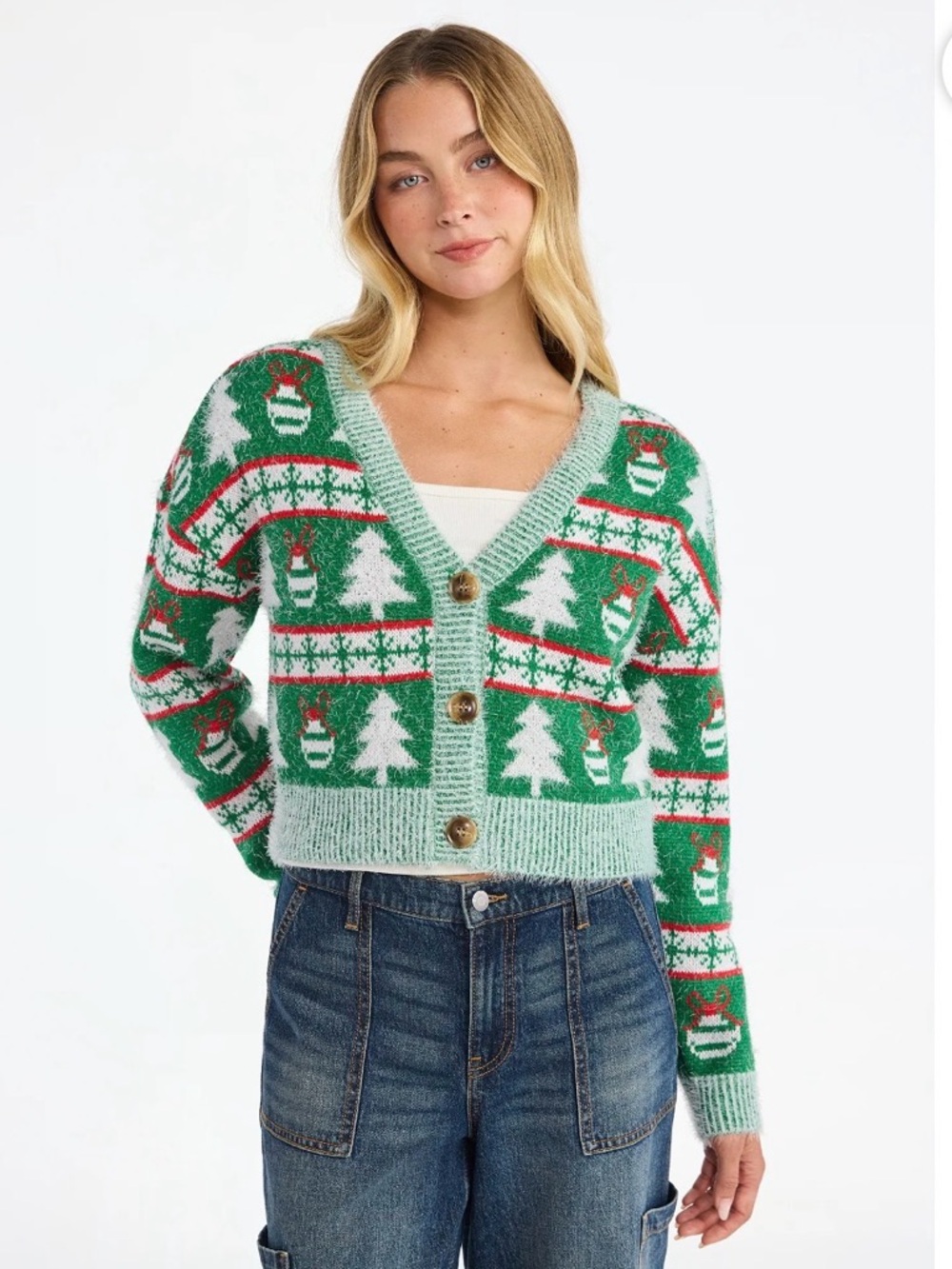 NWT No Boundaries Green and White Holiday V‑Neck Crooped Cardigan
